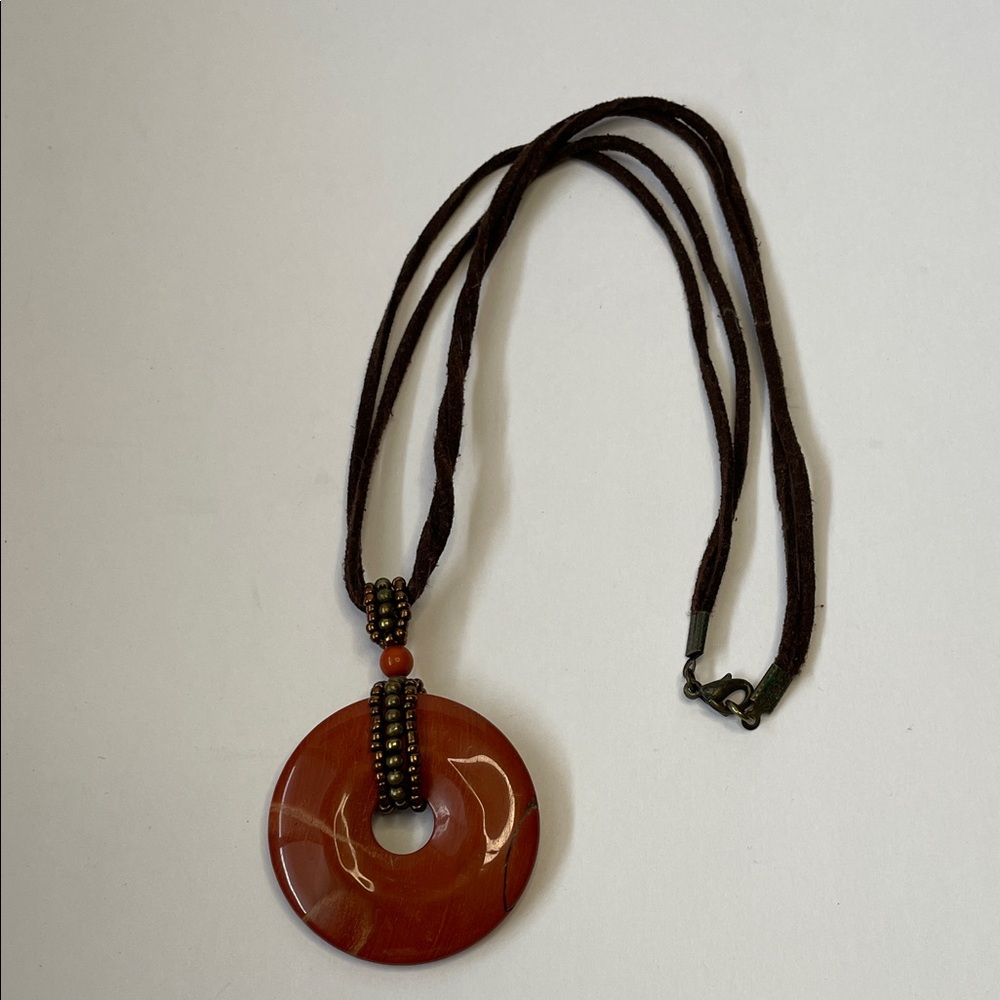 Donut Shape Gemstone Pendant Necklace with Brown Cord. 20”